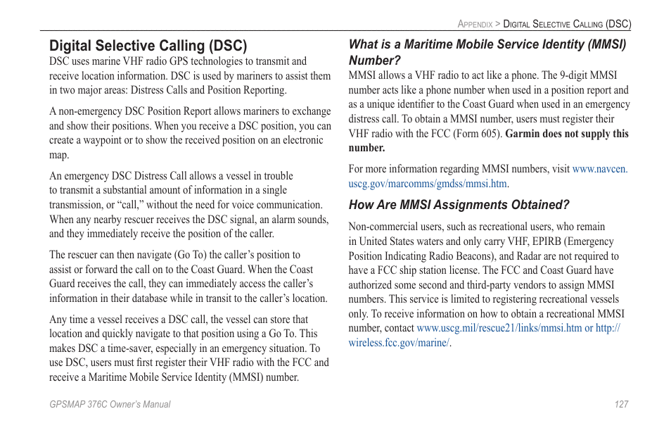 Digital selective calling (dsc) | Garmin GPSMAP 376C User Manual | Page 135 / 152