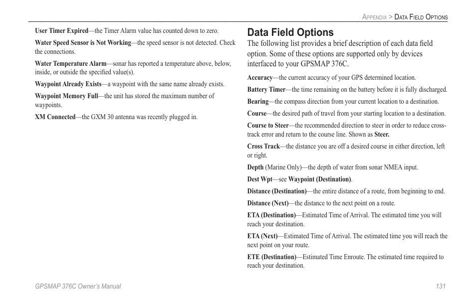 Data field options | Garmin GPSMAP 376C User Manual | Page 139 / 152