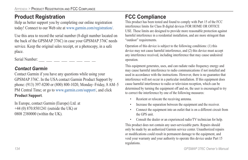 Product registration, Fcc compliance | Garmin GPSMAP 376C User Manual | Page 142 / 152