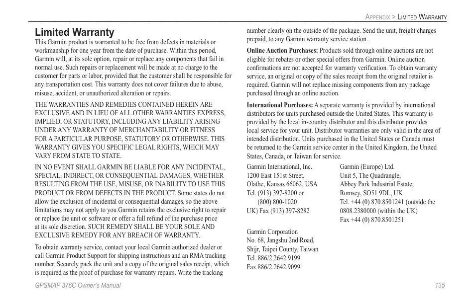 Limited warranty | Garmin GPSMAP 376C User Manual | Page 143 / 152