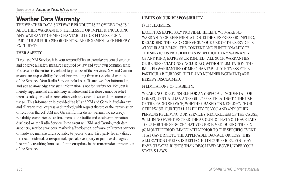 Weather data warranty | Garmin GPSMAP 376C User Manual | Page 144 / 152