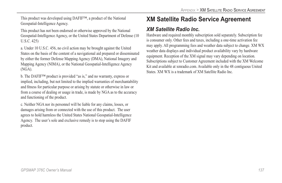 Xm satellite radio service agreement, Xm satellite radio inc | Garmin GPSMAP 376C User Manual | Page 145 / 152