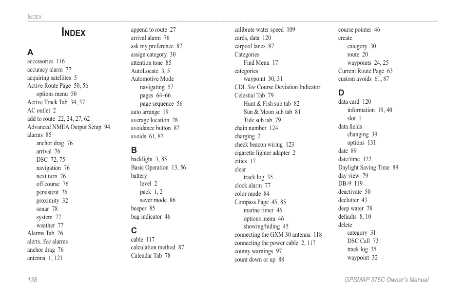 Index, Ndex | Garmin GPSMAP 376C User Manual | Page 146 / 152