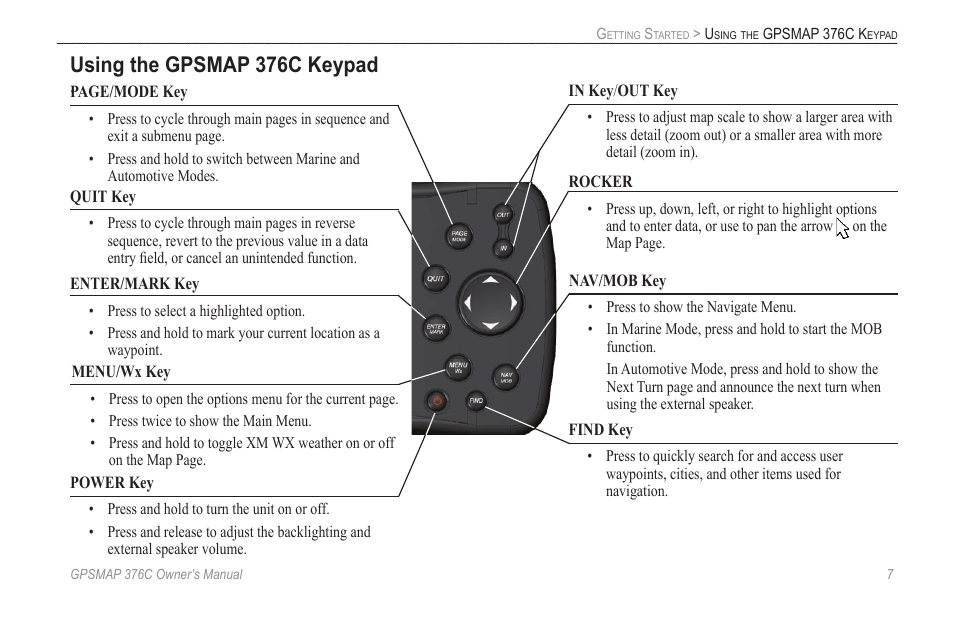 Using the gpsmap 376c keypad | Garmin GPSMAP 376C User Manual | Page 15 / 152