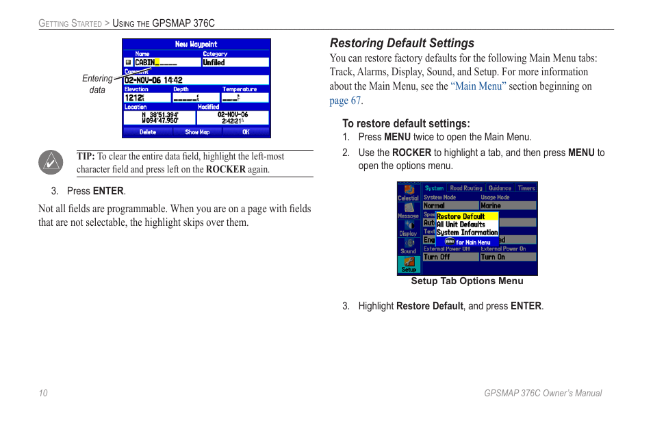 Restoring default settings | Garmin GPSMAP 376C User Manual | Page 18 / 152