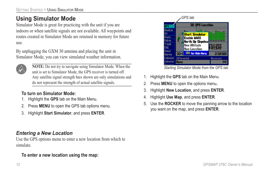 Using simulator mode | Garmin GPSMAP 376C User Manual | Page 20 / 152