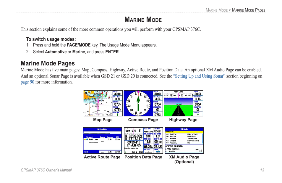 Marine mode, Marine mode pages | Garmin GPSMAP 376C User Manual | Page 21 / 152