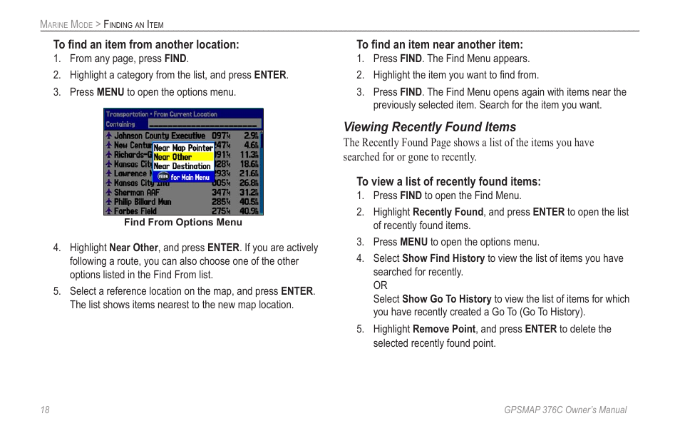 Viewing recently found items | Garmin GPSMAP 376C User Manual | Page 26 / 152