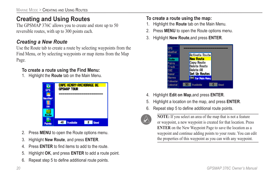 Creating and using routes | Garmin GPSMAP 376C User Manual | Page 28 / 152