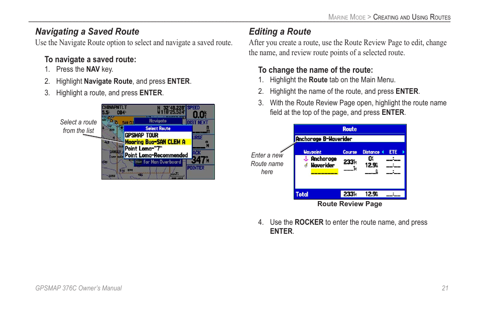 Menu, or to navigate a saved route or track, Navigating a saved route, Editing a route | Garmin GPSMAP 376C User Manual | Page 29 / 152