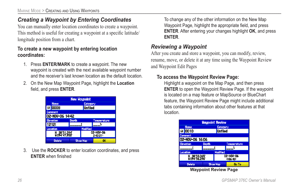 Creating a waypoint by entering coordinates, Reviewing a waypoint | Garmin GPSMAP 376C User Manual | Page 34 / 152