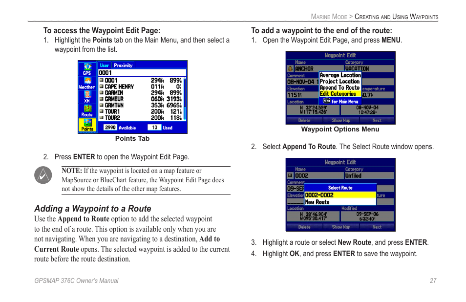 Adding a waypoint to a route | Garmin GPSMAP 376C User Manual | Page 35 / 152