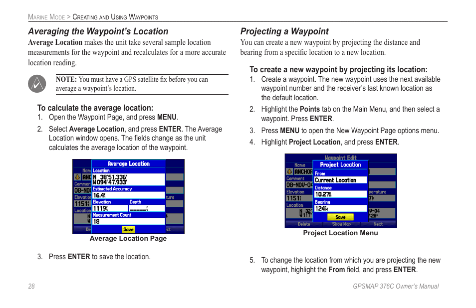 Averaging the waypoint’s location, Projecting a waypoint | Garmin GPSMAP 376C User Manual | Page 36 / 152