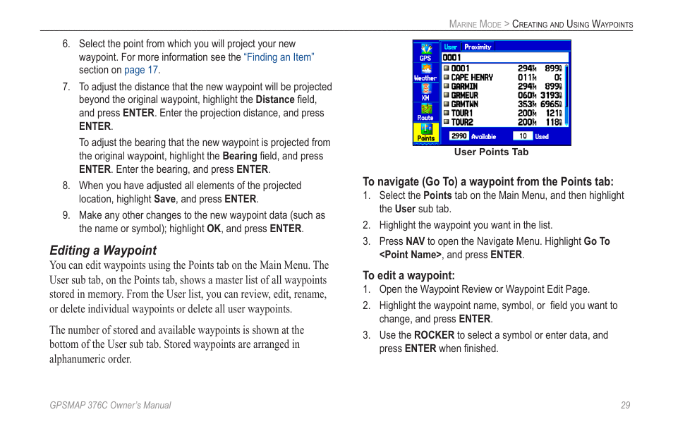 Editing a waypoint | Garmin GPSMAP 376C User Manual | Page 37 / 152