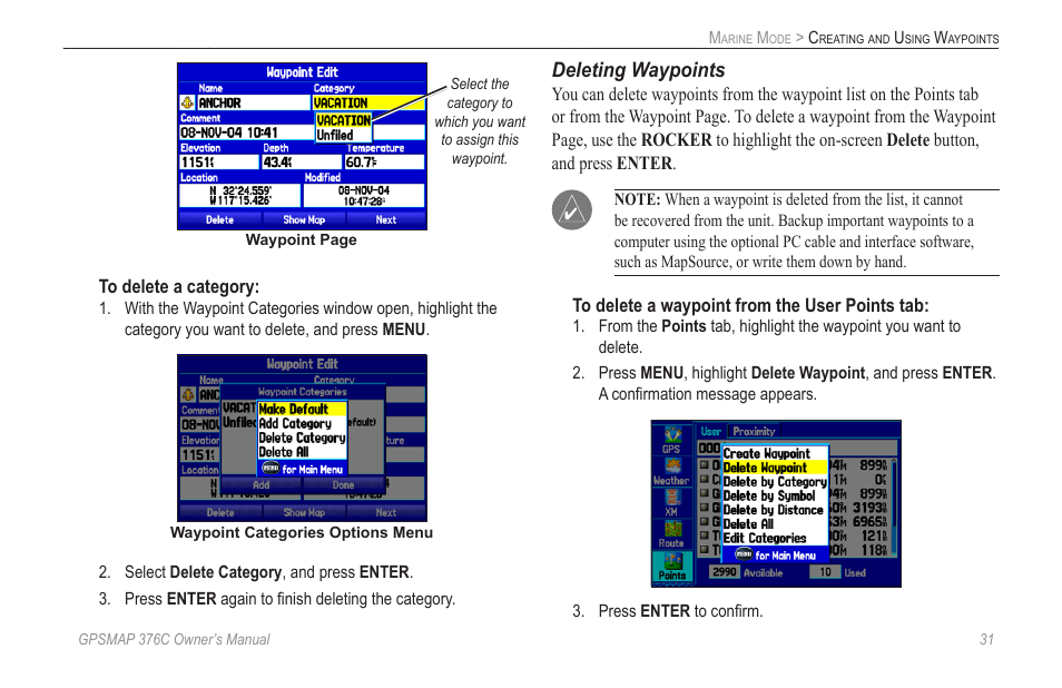 Deleting waypoints | Garmin GPSMAP 376C User Manual | Page 39 / 152