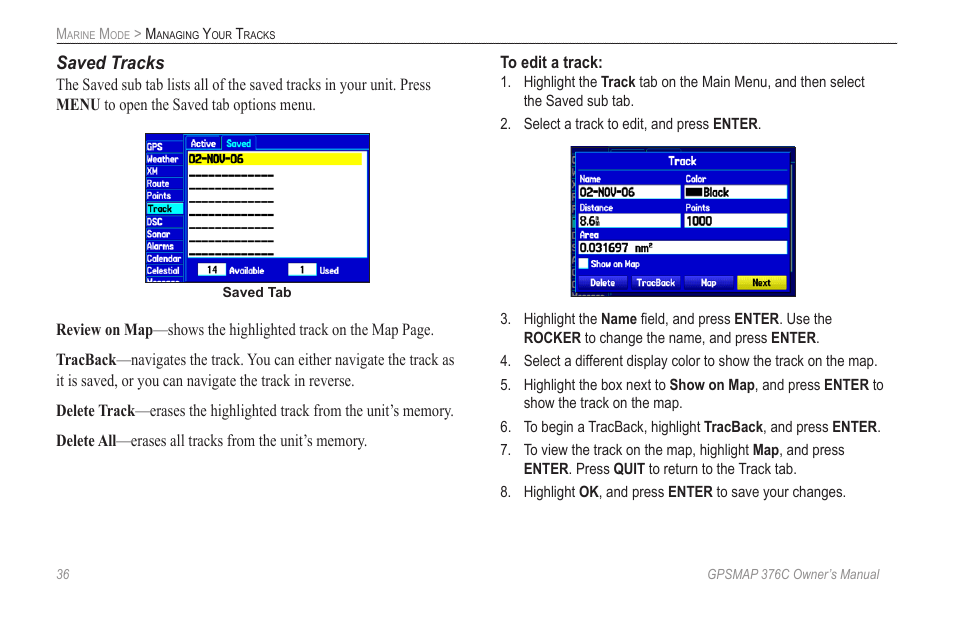 Saved tracks | Garmin GPSMAP 376C User Manual | Page 44 / 152