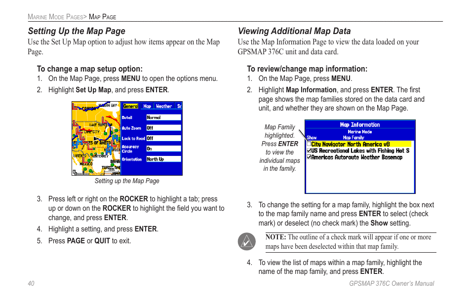 Setting up the map page, Viewing additional map data | Garmin GPSMAP 376C User Manual | Page 48 / 152