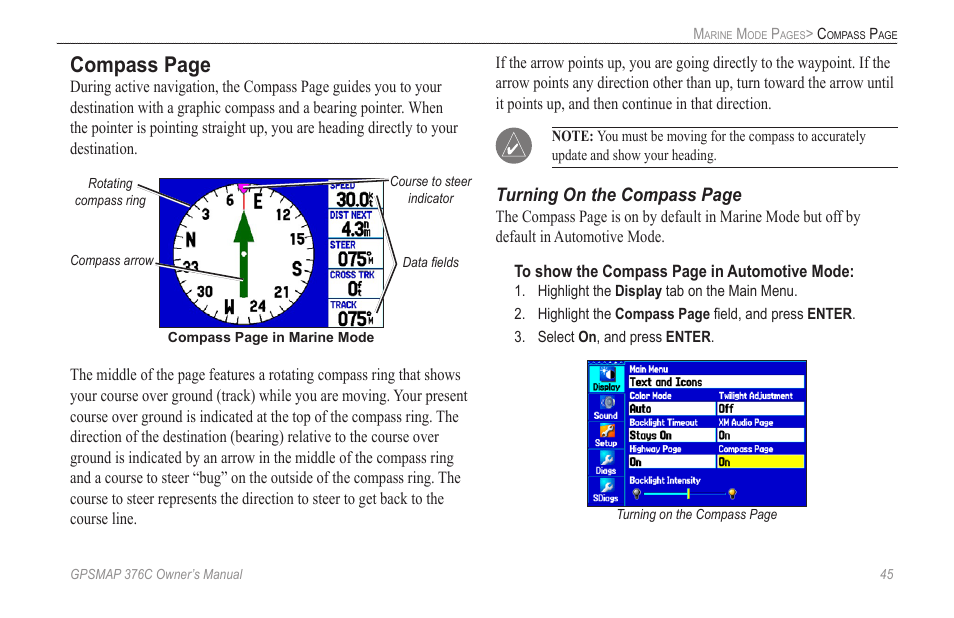 Compass page, Turning on the compass page | Garmin GPSMAP 376C User Manual | Page 53 / 152