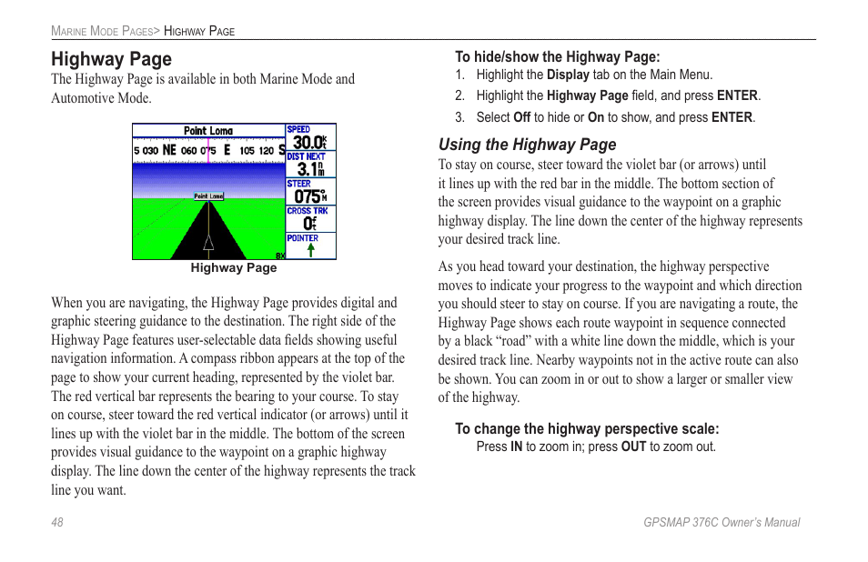 Highway page | Garmin GPSMAP 376C User Manual | Page 56 / 152