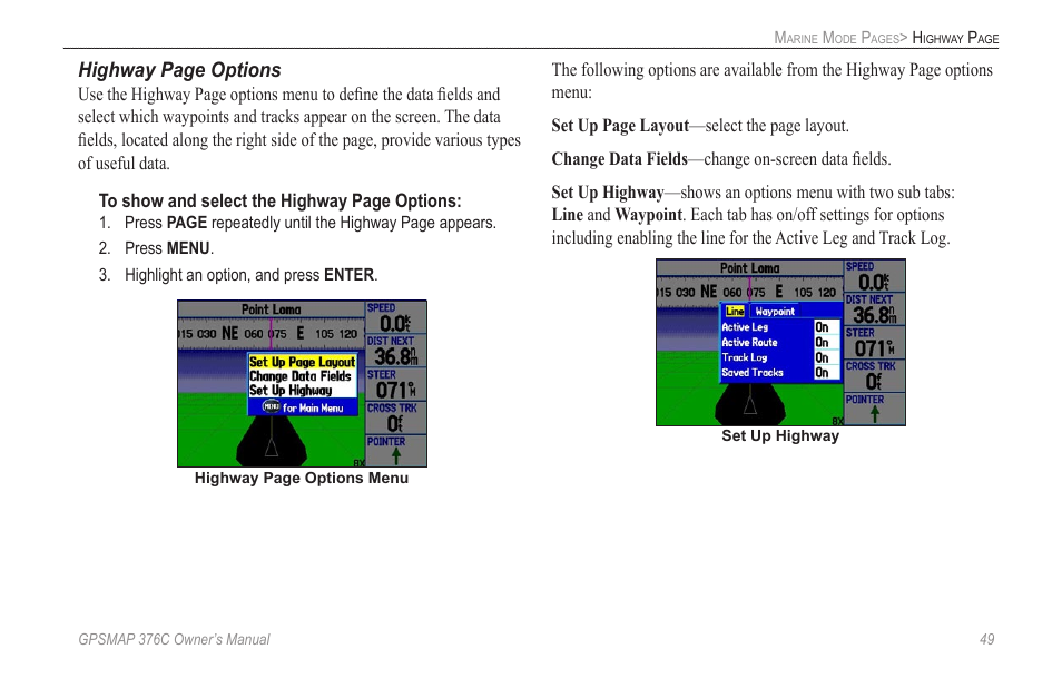 Highway page options | Garmin GPSMAP 376C User Manual | Page 57 / 152