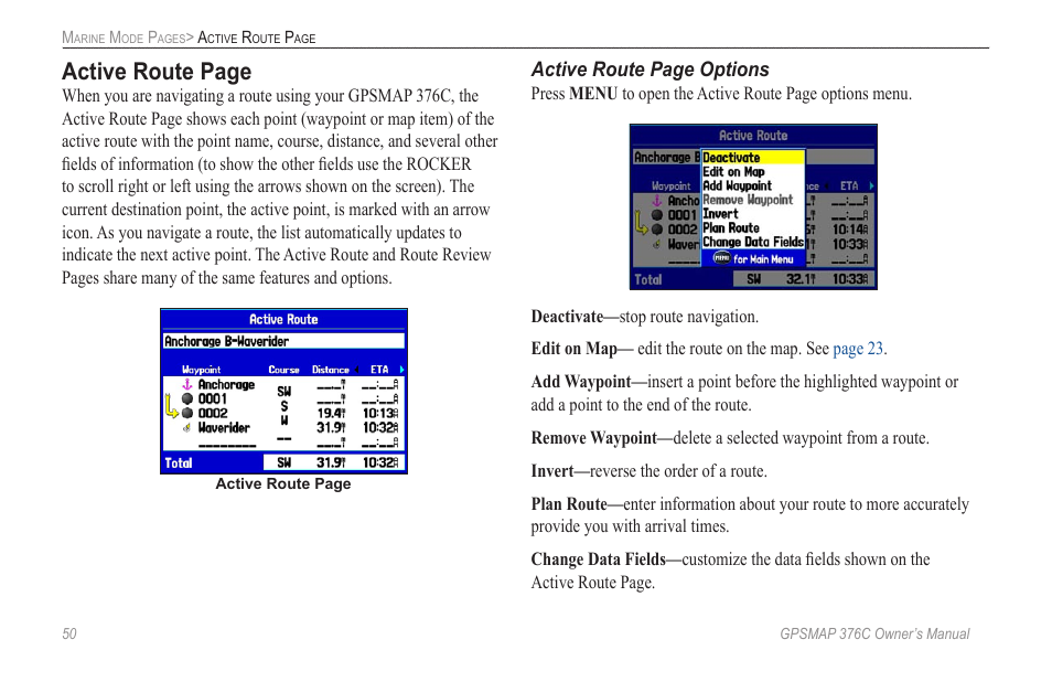 Active route page, Active route page options | Garmin GPSMAP 376C User Manual | Page 58 / 152