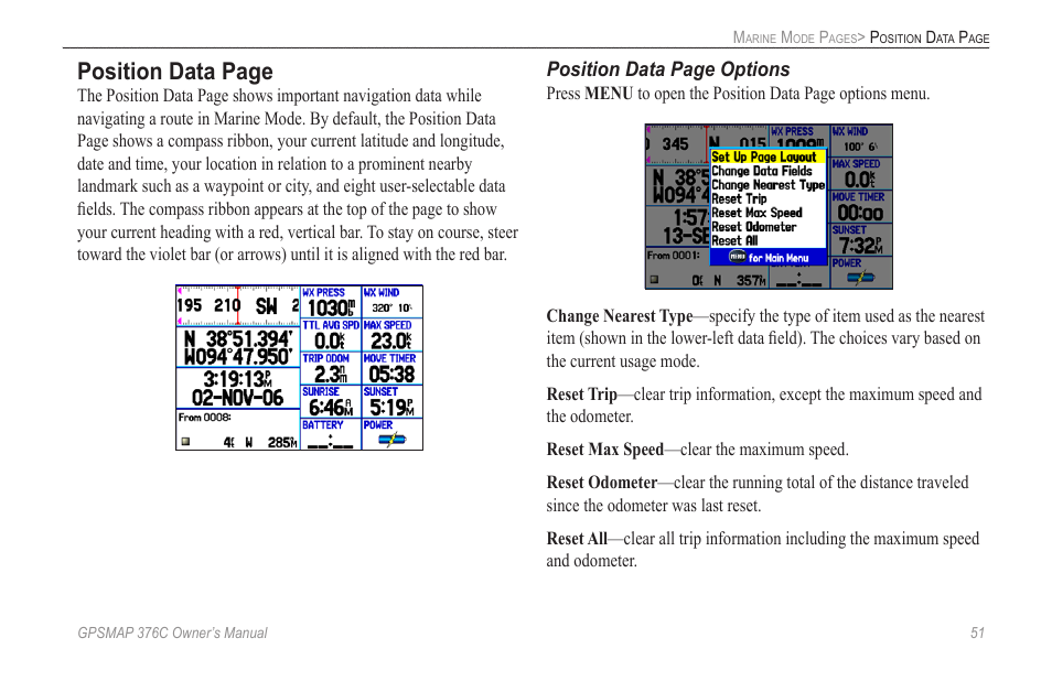 Position data page, Position data page options | Garmin GPSMAP 376C User Manual | Page 59 / 152