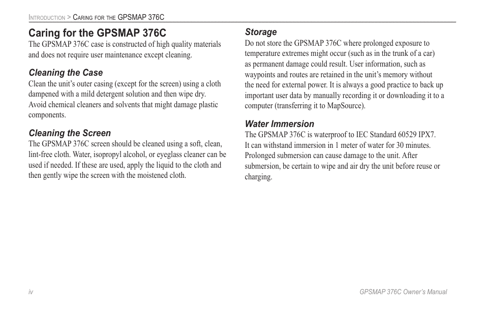 Caring for the gpsmap 376c | Garmin GPSMAP 376C User Manual | Page 6 / 152