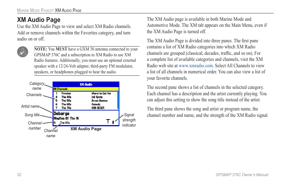 Xm audio page | Garmin GPSMAP 376C User Manual | Page 60 / 152