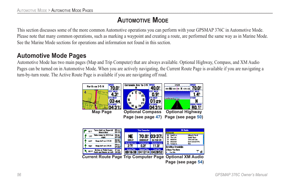 Automotive mode, Automotive mode pages | Garmin GPSMAP 376C User Manual | Page 64 / 152