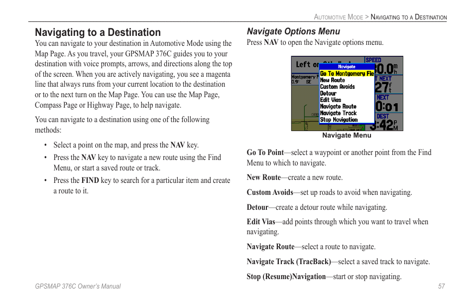 Navigating to a destination, Navigate options menu | Garmin GPSMAP 376C User Manual | Page 65 / 152