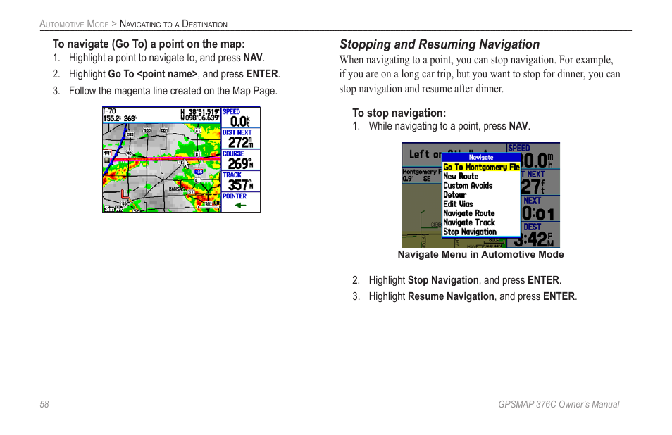 Stopping and resuming navigation | Garmin GPSMAP 376C User Manual | Page 66 / 152