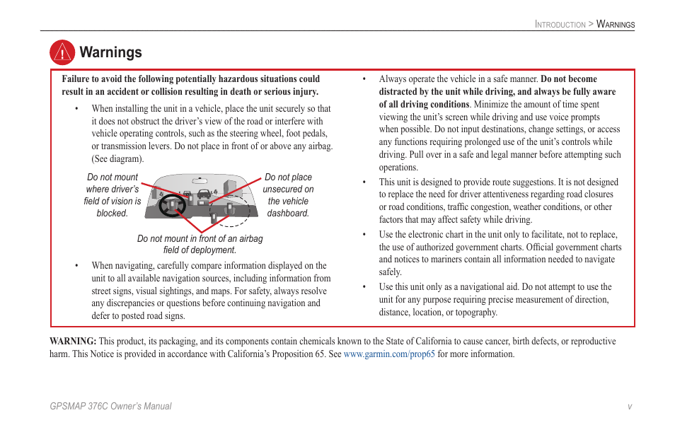 Warnings | Garmin GPSMAP 376C User Manual | Page 7 / 152