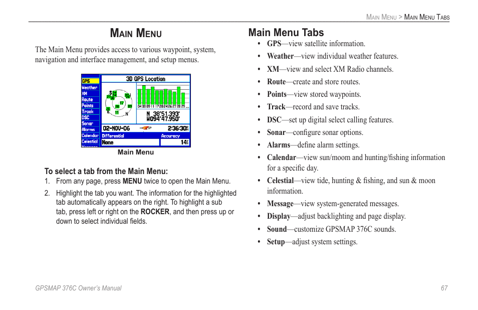 Main menu, Main menu tabs, About the main menu, see the | Section beginning on | Garmin GPSMAP 376C User Manual | Page 75 / 152