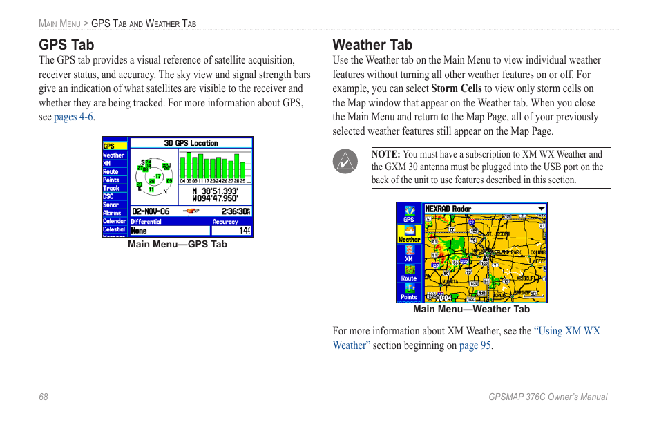 Gps tab, Weather tab | Garmin GPSMAP 376C User Manual | Page 76 / 152