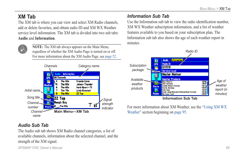 Xm tab, Audio sub tab, Information sub tab | Garmin GPSMAP 376C User Manual | Page 77 / 152