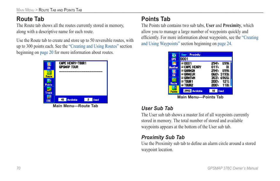 Route tab, Points tab | Garmin GPSMAP 376C User Manual | Page 78 / 152