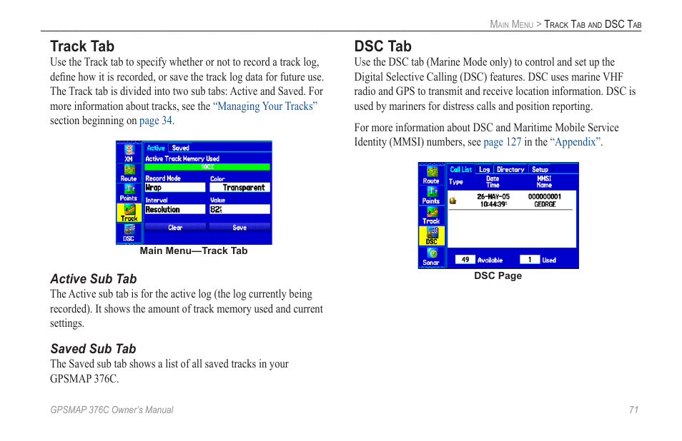 Track tab, Dsc tab | Garmin GPSMAP 376C User Manual | Page 79 / 152