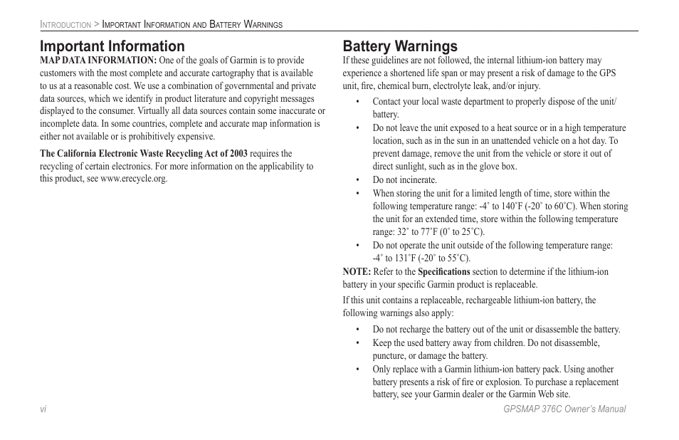 Important information, Battery warnings | Garmin GPSMAP 376C User Manual | Page 8 / 152