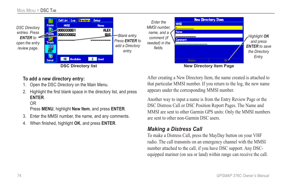 Making a distress call | Garmin GPSMAP 376C User Manual | Page 82 / 152