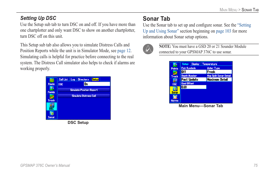 Sonar tab | Garmin GPSMAP 376C User Manual | Page 83 / 152