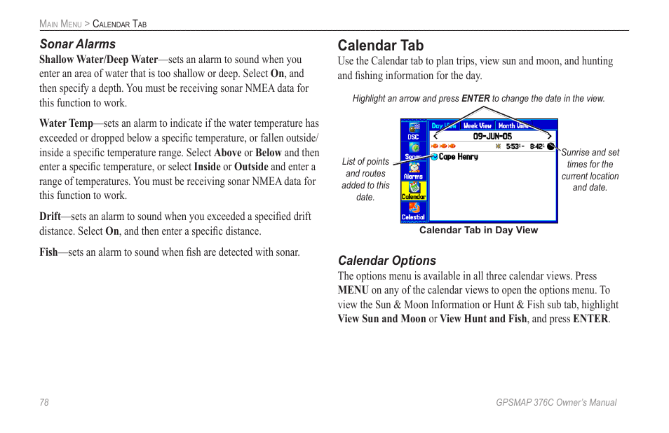 Calendar tab, Sonar alarms, Calendar options | Garmin GPSMAP 376C User Manual | Page 86 / 152