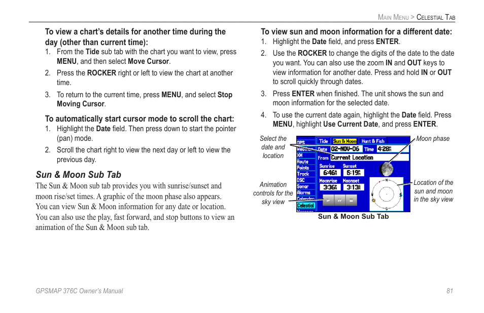 Sun & moon sub tab | Garmin GPSMAP 376C User Manual | Page 89 / 152