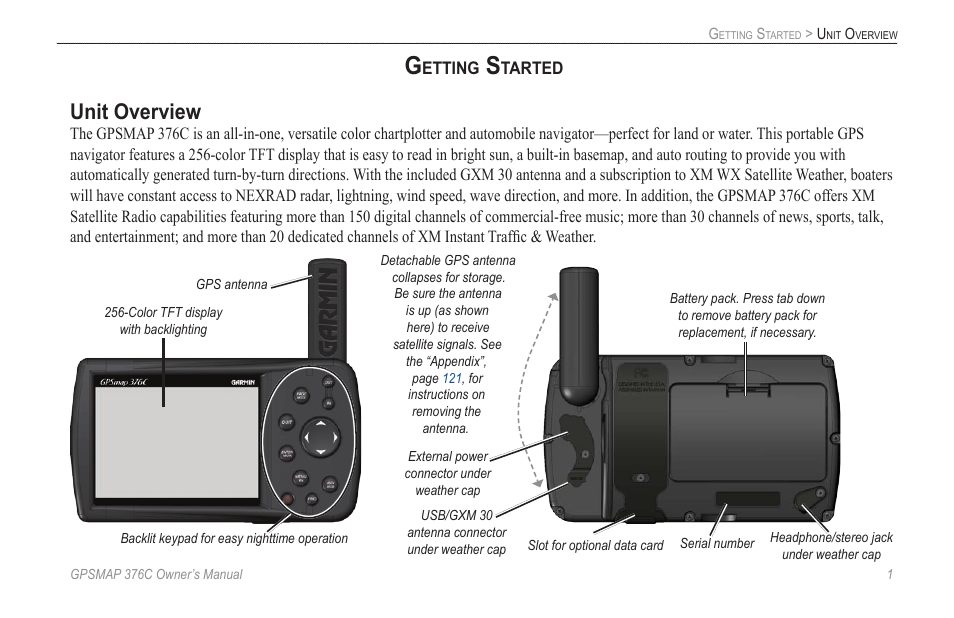 Getting started, Unit overview | Garmin GPSMAP 376C User Manual | Page 9 / 152