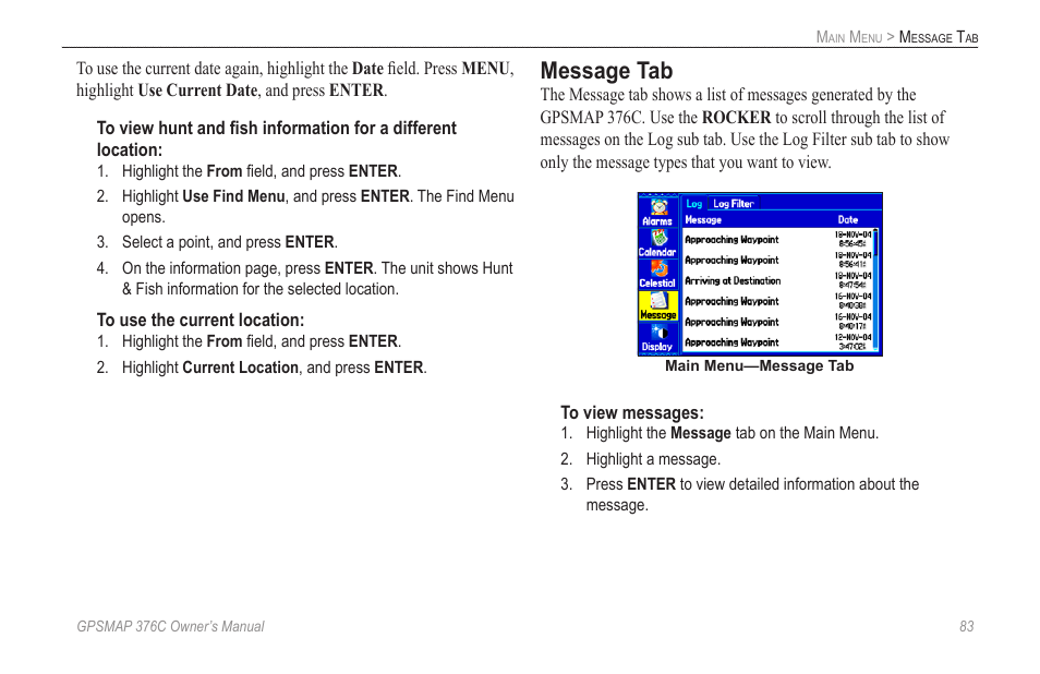 Message tab | Garmin GPSMAP 376C User Manual | Page 91 / 152