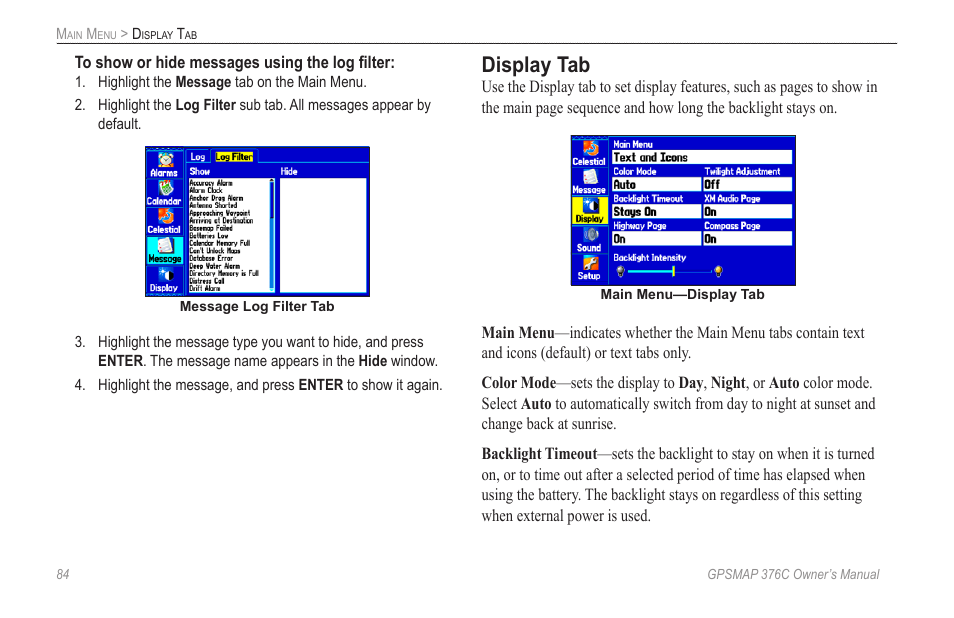 Display tab | Garmin GPSMAP 376C User Manual | Page 92 / 152