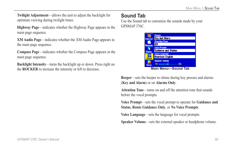 Sound tab | Garmin GPSMAP 376C User Manual | Page 93 / 152