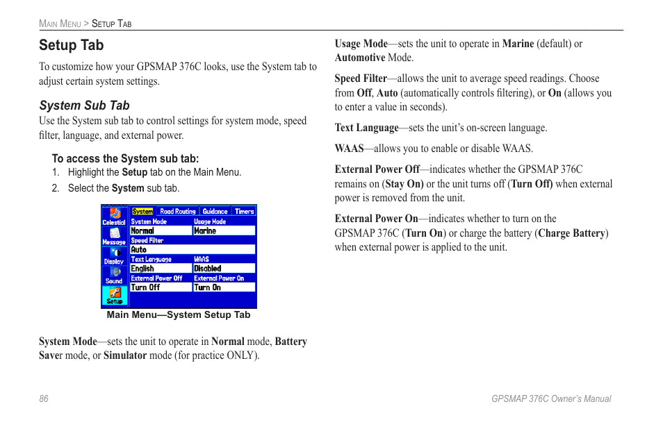 Setup tab | Garmin GPSMAP 376C User Manual | Page 94 / 152