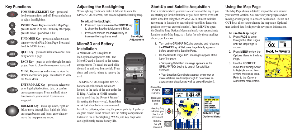 Start-up and satellite acquisition, Key functions using the map page, Adjusting the backlighting | Microsd and battery installation | Garmin GPSMAP 76Cx User Manual | Page 2 / 2