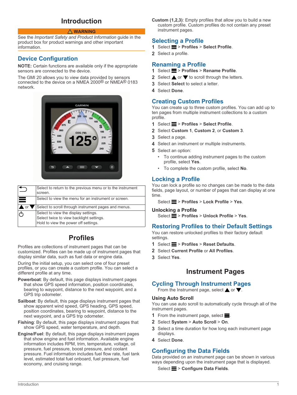 Introduction, Device configuration, Profiles | Selecting a profile, Renaming a profile, Creating custom profiles, Locking a profile, Unlocking a profile, Restoring profiles to their default settings, Using auto scroll | Garmin GMI 20 User Manual | Page 5 / 10