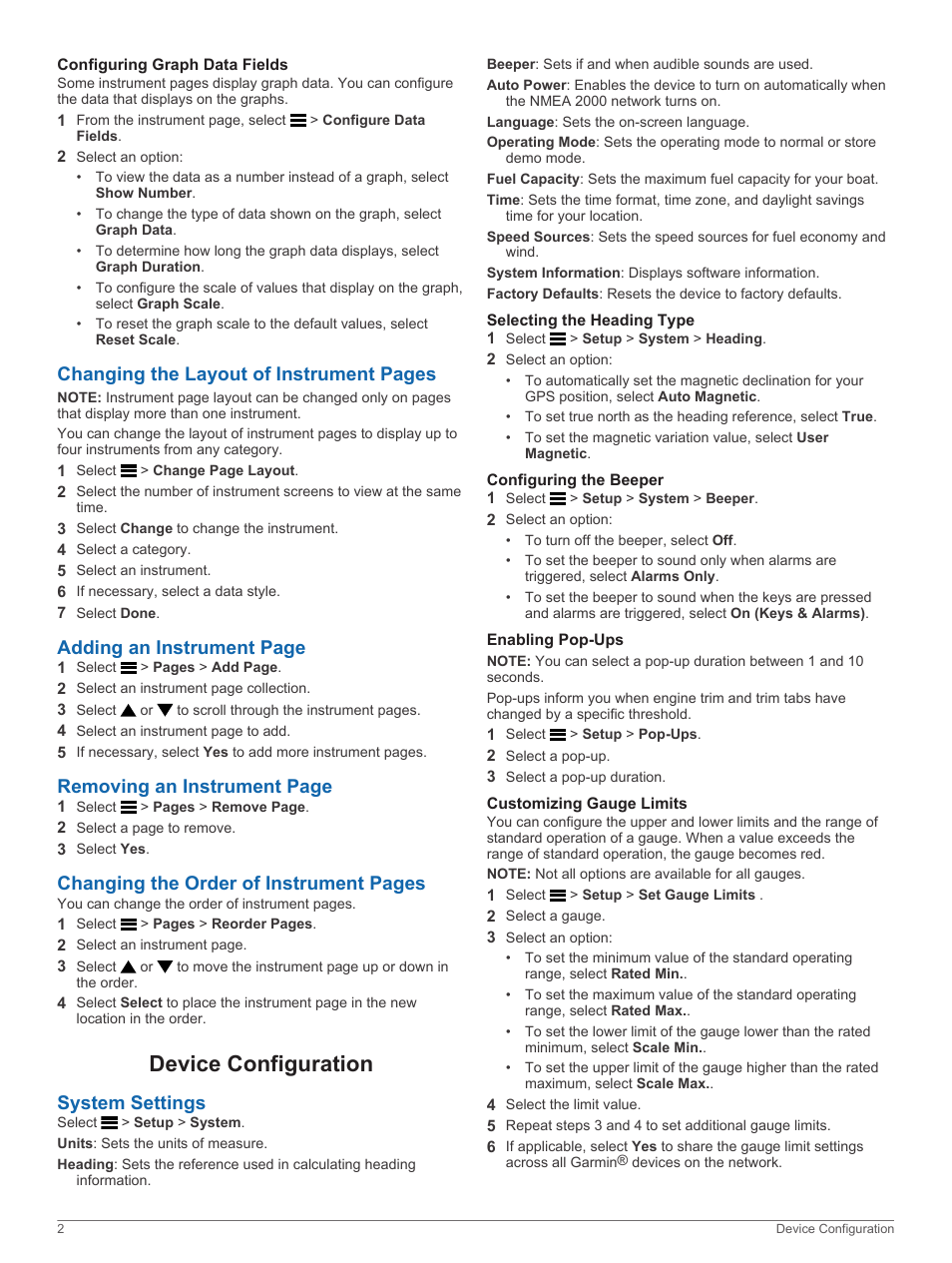 Configuring graph data fields, Device configuration, System settings | Selecting the heading type, Configuring the beeper, Enabling pop-ups, Customizing gauge limits, Changing the layout of instrument pages, Adding an instrument page, Removing an instrument page | Garmin GMI 20 User Manual | Page 6 / 10